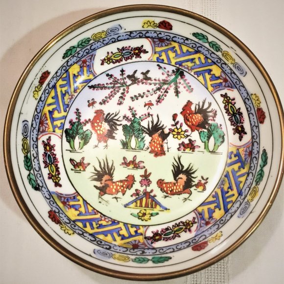 Red Rooster 6" Porcelain Bowl Encased in Brass - Picture 5 of 10